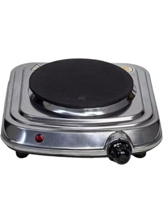 موقد كهربائي شعلة واحدة بقدرة 1000 واط مع هيكل من الفولاذ المقاوم للصدأ بالكامل، سخان كهربائي بقرص تحكم في الحرارة ومصباح مؤشر، تصميم متين بضمان لمدة عام للمنازل والمكاتب - فضي - Image 1